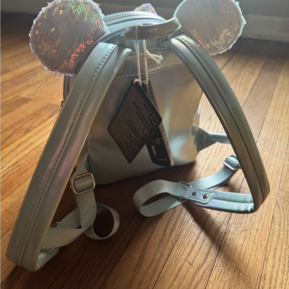 Loungefly Iridescent Silver Mini Backpack with Pastel Sequin Ears and Bow NWT - Picture 4 of 4